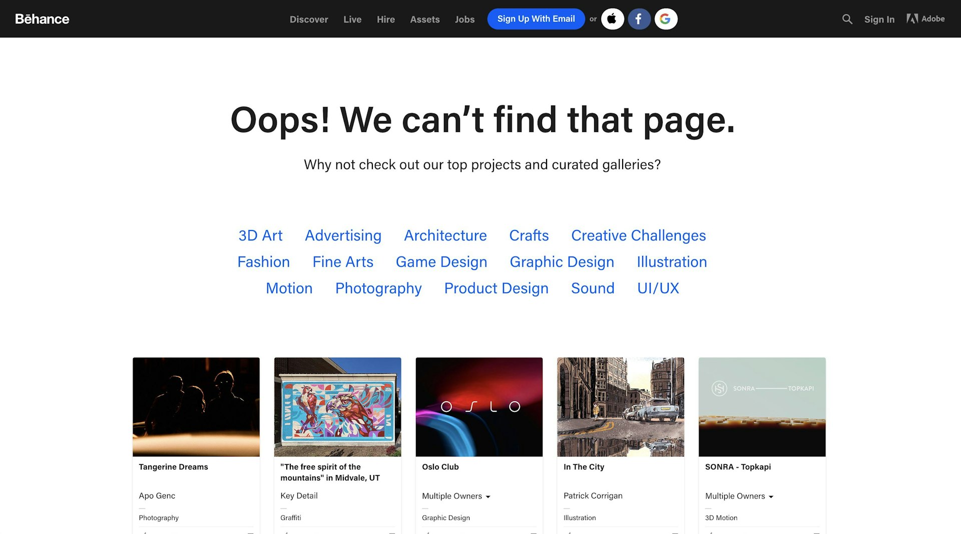 Behance 404 page example